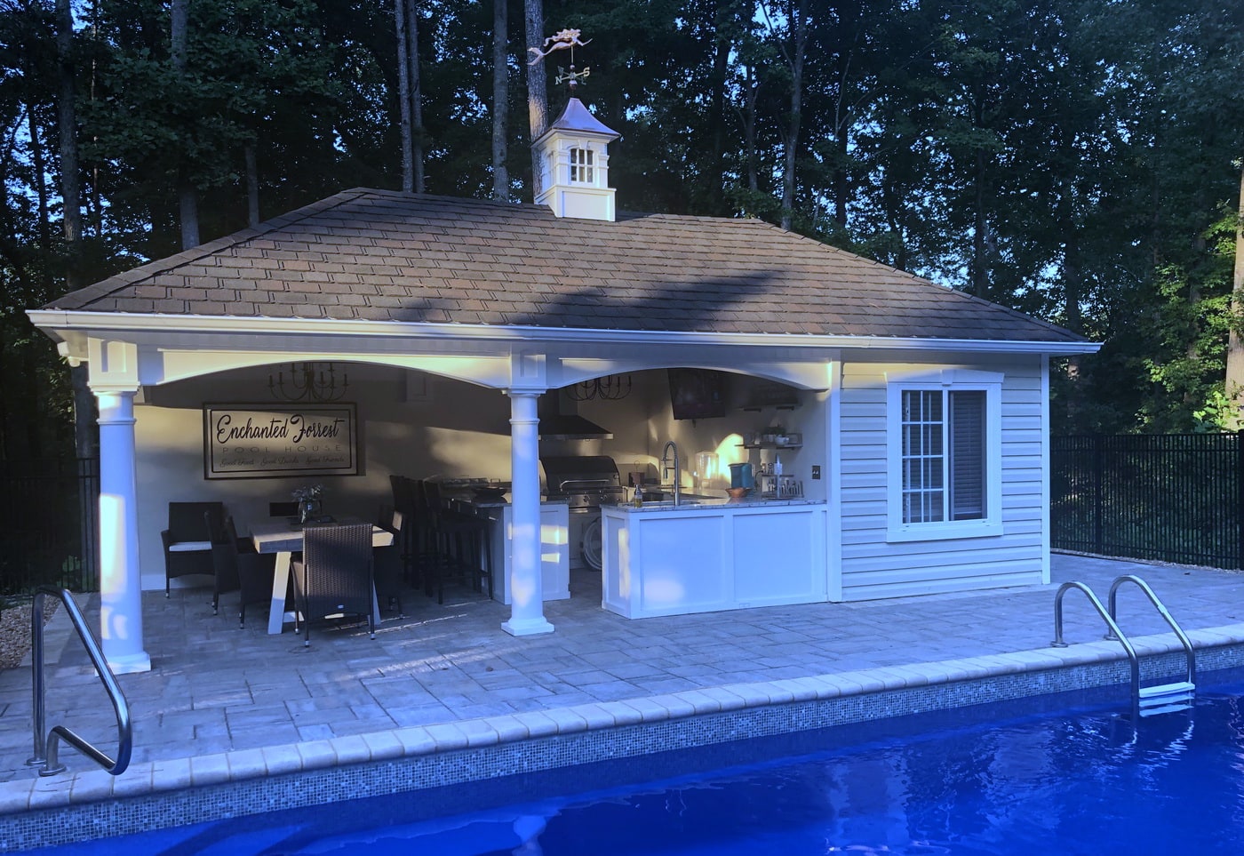 8x14 Vinyl Pool House With 14x28 Hampton Pavilion