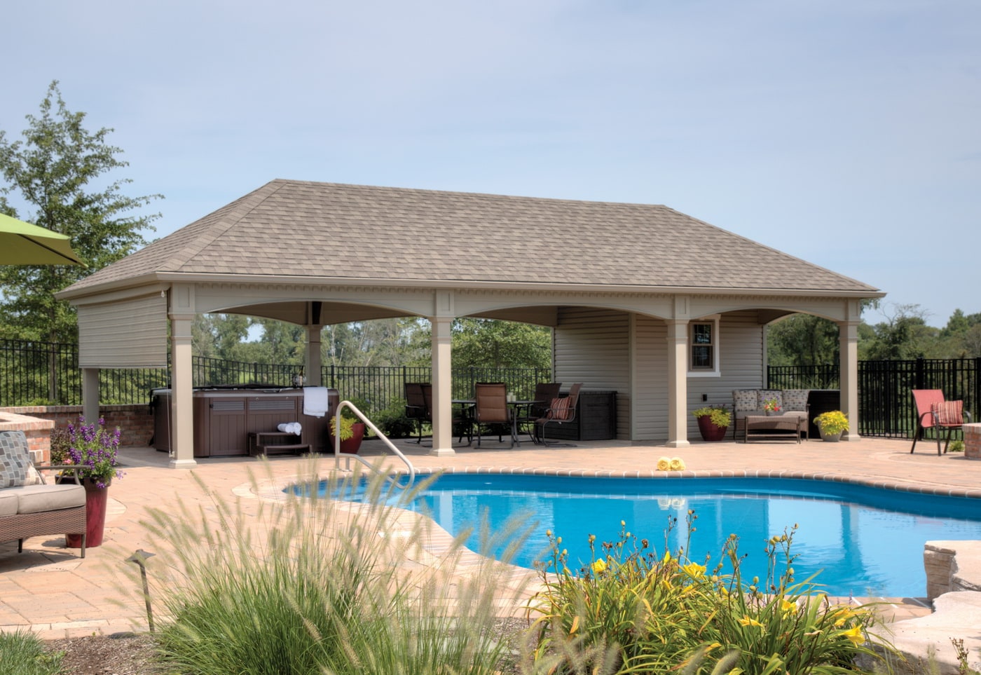 8x10 Vinyl Pool House with 16x40 Hampton Pavilion